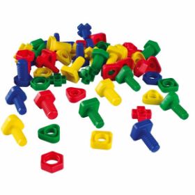 64 μεγάλες πλαστικές βίδες και παξιμάδια σε τέσσερα βασικά χρώματα και γεωμετρικά σχήματα από την Educo.