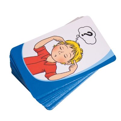 Κοντινό πλάνο στις κάρτες της Beleduc με τα διάφορα αντικείμενα και μοτίβα για το παιχνίδι αφαίρεσης.