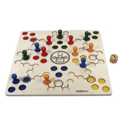 Το μεγάλο ξύλινο ταμπλό του Beleduc 23654 XXL Γρινιάρη με τα χρωματιστά πιόνια και το ζάρι.