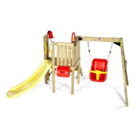 Το Plum® My First Playcentre: Ξύλινο Κέντρο Δραστηριοτήτων με Κούνια & Τσουλήθρα (27552) ιδανικό παιχνίδι εξωτερικού χώρου για παιδιά από 1 έτους, σε λευκό φόντο.