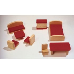 Το πλήρες σετ 8 ξύλινων επίπλων κουκλόσπιτου Nathan 370204 σε φυσικό ξύλο και κόκκινο χρώμα.