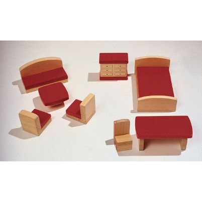 Το πλήρες σετ 8 ξύλινων επίπλων κουκλόσπιτου Nathan 370204 σε φυσικό ξύλο και κόκκινο χρώμα.