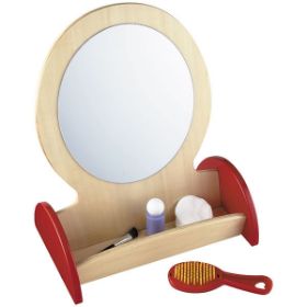 Ο επιτραπέζιος καθρέφτης Nathan 372026 με τον ξύλινο σκελετό και τις κόκκινες λεπτομέρειες λάκας.