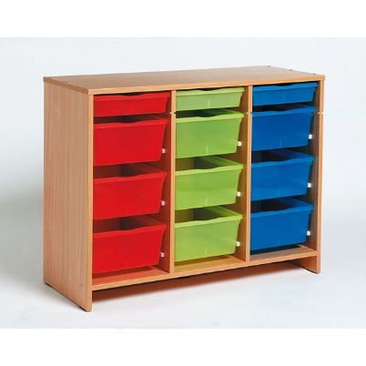 Η μονάδα αποθήκευσης Nathan 372539 με τα 12 πολύχρωμα πλαστικά κουτιά σε πλήρη διάταξη.