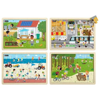 Το πλήρες σετ των τεσσάρων ξύλινων παζλ Nathan 387202 με οικολογικά θέματα.