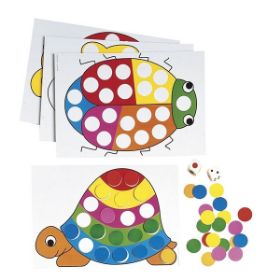 Το περιεχόμενο του παιχνιδιού αρίθμησης "1, 2, 3… Μπορώ να μετρώ!" της Nathan. Περιλαμβάνει 4 μεγάλες καρτέλες με εικονογραφήσεις ζώων (πασχαλίτσα, χελώνα) χωρισμένες σε χρωματιστές ζώνες, πολύχρωμους κυκλικούς δίσκους, ένα ζάρι χρωμάτων και ένα ζάρι με κουκκίδες.