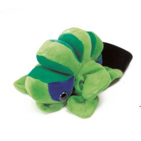 Η χρωματιστή λούτρινη γαντόκουκλα Κάμπια Beleduc 40032 με το χαρούμενο πρόσωπο.