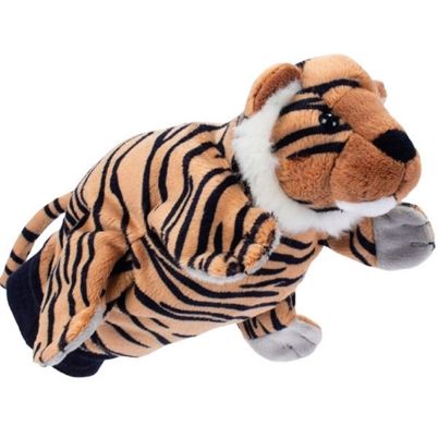 Η καφέ λούτρινη γαντόκουκλα Τίγρης Beleduc 40117 με τις μαύρες ρίγες και το φιλικό πρόσωπο.