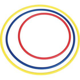 Τα 3 Hula Hoop MEGAFORM (κόκκινο, μπλε, κίτρινο) στα 3 διαθέσιμα μεγέθη, τοποθετημένα το ένα μέσα στο άλλο, σε λευκό φόντο.