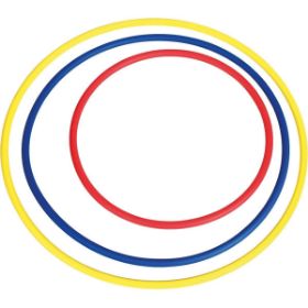 Τα 3 Hula Hoop MEGAFORM (κόκκινο, μπλε, κίτρινο) στα 3 διαθέσιμα μεγέθη, τοποθετημένα το ένα μέσα στο άλλο, σε λευκό φόντο.