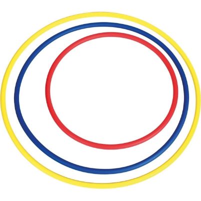 Τα 3 Hula Hoop MEGAFORM (κόκκινο, μπλε, κίτρινο) στα 3 διαθέσιμα μεγέθη, τοποθετημένα το ένα μέσα στο άλλο, σε λευκό φόντο.