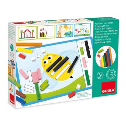 Εκπαιδευτικό σετ Goula 453157 με 48 ξυλάκια Cuisinaire σε διάφορα χρώματα και μήκη, μαζί με κάρτες δραστηριοτήτων για την εκμάθηση της αριθμητικής και των μεγεθών.
