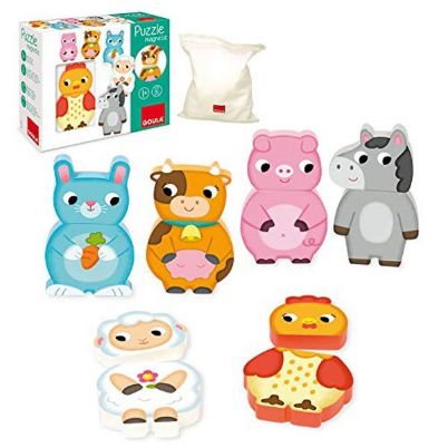 Ξύλινο εκπαιδευτικό παιχνίδι μαγνητικών ζώων Goula 455245 με 6 ζωάκια φάρμας, το καθένα σε δύο κομμάτια, για την ανάπτυξη της φαντασίας και της λεπτής κινητικότητας.