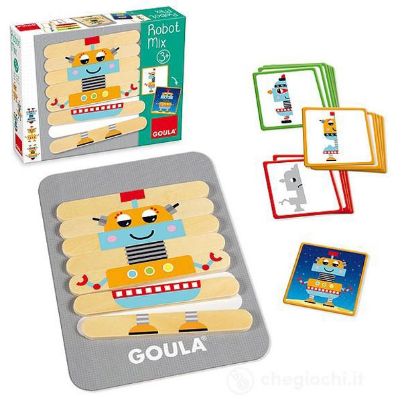 Εκπαιδευτικό ξύλινο παιχνίδι Goula 51212 με 7 ξύλινα εξαρτήματα ρομπότ και κάρτες δραστηριοτήτων διαβαθμισμένης δυσκολίας για την ανάπτυξη της λογικής.