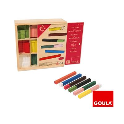 Ξύλινη κασετίνα Goula 51106 με 300 ξυλάκια Cuisinaire σε 10 μεγέθη και χρώματα για την εκμάθηση των αριθμών, της πρόσθεσης, της αφαίρεσης, του πολλαπλασιασμού και της διαίρεσης.