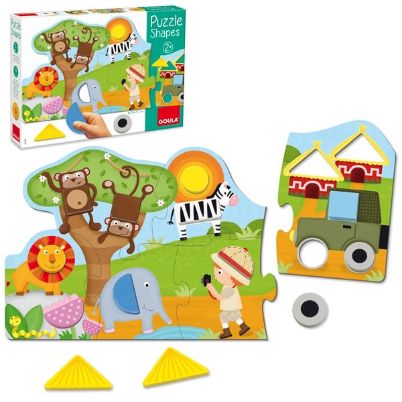Συνδυαστικό εκπαιδευτικό παιχνίδι Goula 53439 με μεγάλα κομμάτια παζλ βάσης και 13 πολύχρωμα ξύλινα γεωμετρικά σχήματα για ταξινόμηση και αντιστοίχιση.
