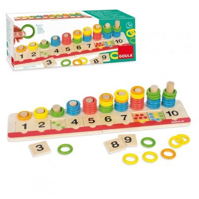 Ξύλινο εκπαιδευτικό παιχνίδι Goula 55157 με πολύχρωμα δαχτυλίδια και αριθμούς (1-10) σε ξύλινη βάση, ιδανικό για την εκμάθηση της μέτρησης και των ποσοτήτων.