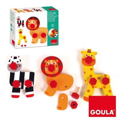 Εκπαιδευτικό ξύλινο παιχνίδι Goula 55238 με ξύλινες βίδες, παξιμάδια και τμήματα από άγρια ζώα της ζούγκλας για συναρμολόγηση και ανάπτυξη λεπτής κινητικότητας.