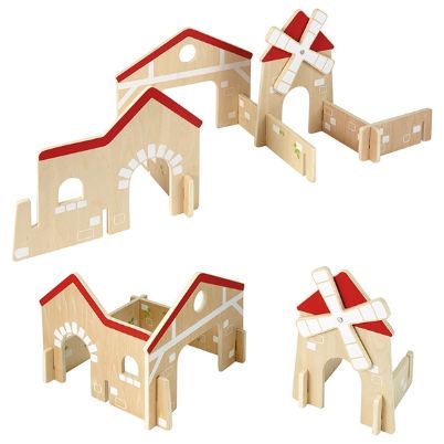 Το τρισδιάστατο ξύλινο σκηνικό χωριό Nathan 370213 με τα πάνελ, τους τοίχους και τον ανεμόμυλο.