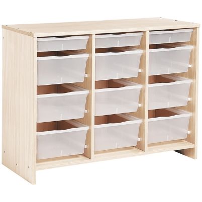 Η μονάδα αποθήκευσης Nathan 372140 με τα 12 διαφανή πλαστικά κουτιά σε λευκό σκελετό μελαμίνης.