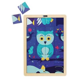 Η σύνθεση της πολύχρωμης κουκουβάγιας ολοκληρωμένη μέσα στο ξύλινο πλαίσιο της Nathan.