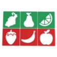 Τρία πράσινα και τρία κόκκινα στένσιλ του Childhood Supply VEGFRUIT, σε λευκό φόντο.