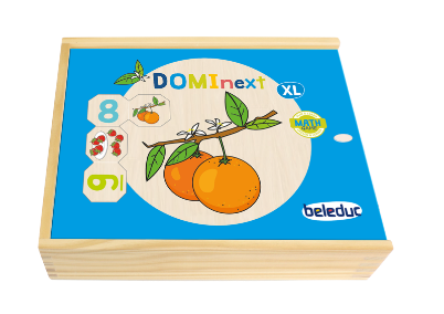 Το πλήρες σετ Beleduc 22617 Dominext με τα ξύλινα πλακίδια λογικής και την εικονογράφηση μοτίβων.