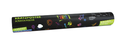 Το γιγάντιο μαύρο πόστερ Scratch Art Beleduc 53051 διαστάσεων 750x520mm μαζί με το ξυλάκι χάραξης, στην κλειστή συσκευασία.