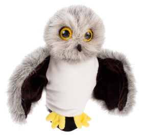 Η γκρι λούτρινη γαντόκουκλα Κουκουβάγια Beleduc 40118 με τα μεγάλα μάτια και το φιλικό πρόσωπο.