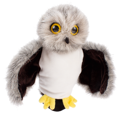 Η γκρι λούτρινη γαντόκουκλα Κουκουβάγια Beleduc 40118 με τα μεγάλα μάτια και το φιλικό πρόσωπο.