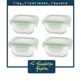 Το σετ των 4 τετράγωνων τάπερ Miniland 89269 με το σκιουράκι και τα πράσινα καπάκια.