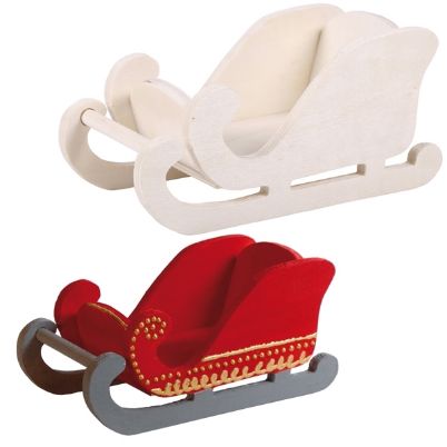 Το ξύλινο έλκηθρο διακόσμησης Beleduc 50143 σε φυσικό χρώμα ξύλου, έτοιμο για ζωγραφική και μία ζωγραφισμένη εκδοχή του.