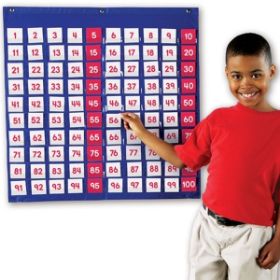 Ένα παιδί που μελετάει με την επιτοίχια πάνινη θήκη LΕR2208 της Learning Resources με τους αριθμούς 1-100 τοποθετημένους.