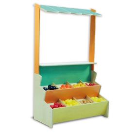 Το ξύλινο μαγαζάκι-μπακάλικο 085 Raffetto με τα ράφια γεμάτα φρούτα και λαχανικά, παρουσιασμένο σε λευκό φόντο.