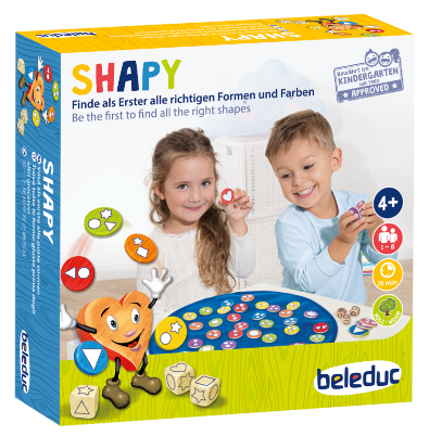 Το πλήρες σετ Beleduc 22471 Shapy με τα 41 ξύλινα πλακίδια σχημάτων, τα 3 ζάρια και το υφασμάτινο ταμπλό.
