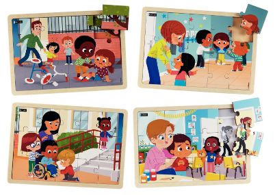 Το πλήρες σετ των τεσσάρων ξύλινων εκπαιδευτικών παζλ Nathan 387230 με θέμα τη φροντίδα.