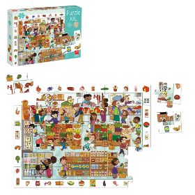 XXL εκπαιδευτικό παζλ παρατηρητικότητας Goula 1120700015 με 30 μεγάλα κομμάτια και θέμα την αγορά, περιλαμβάνει περιμετρικά εικονίδια για παιχνίδι αναζήτησης αντικειμένων.