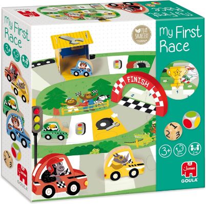 Ξύλινο εκπαιδευτικό επιτραπέζιο παιχνίδι Goula 1110700210 με τρισδιάστατα ξύλινα αυτοκινητάκια, πίστα αγώνα, ζάρι χρωμάτων και ζάρι αριθμών για την εκμάθηση των πρώτων εννοιών.