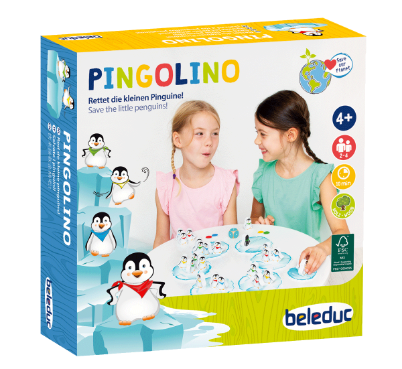 Το πλήρες σετ Beleduc 22911 Pingolino με το ξύλινο παγόβουνο, τους πιγκουίνους και το ζάρι.