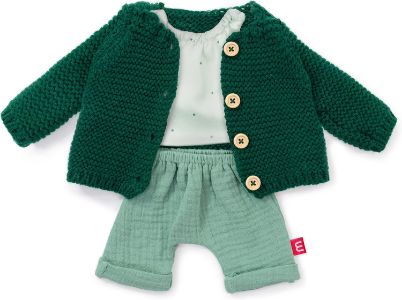 Το σετ ρούχων κούκλας Miniland 31565 σε πράσινες αποχρώσεις απλωμένο σε λευκό φόντο.