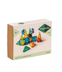 Η συσκευασία του MagGenius Jungle 38 τεμαχίων, που απεικονίζει τις 5 μαγνητικές φιγούρες ζώων και τα πολύχρωμα διαφανή πλακίδια σε αποχρώσεις της ζούγκλας.