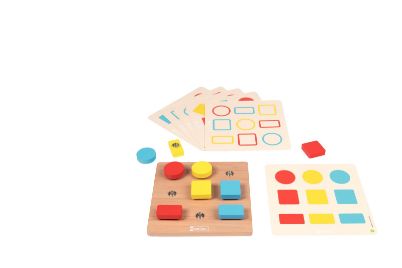 Το πλήρες σετ Nathan 911576 Pressioncolor με την ξύλινη βάση, τα χρωματιστά κουμπιά και τις κάρτες-μοντέλα.