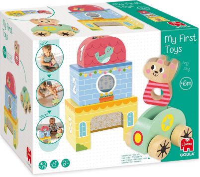 Το πλήρες σετ Goula 1110100487 με την ξύλινη κουδουνίστρα, το αυτοκινητάκι και τους 3 μεγάλους κύβους.
