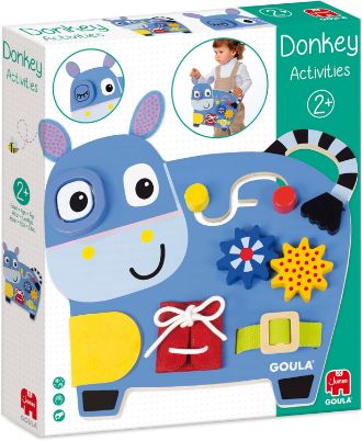 Πολυλειτουργικό ξύλινο γαϊδουράκι δραστηριοτήτων Goula 1110100489 με γρανάζια, διαδρομές επιδεξιότητας, υφάσματα με δεσίματα και κρυμμένες εκπλήξεις για την ανάπτυξη των νηπίων.