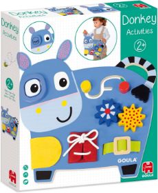 Πολυλειτουργικό ξύλινο γαϊδουράκι δραστηριοτήτων Goula 1110100489 με γρανάζια, διαδρομές επιδεξιότητας, υφάσματα με δεσίματα και κρυμμένες εκπλήξεις για την ανάπτυξη των νηπίων.