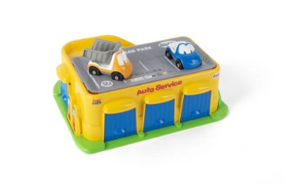 Πολύχρωμο γκαράζ Dantoy 7525 με τρεις πόρτες και δύο αυτοκινητάκια, Classic Series, από ανθεκτικό πλαστικό, με Nordic Ecolabel.