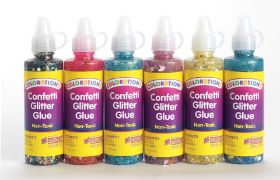 Το πλήρες Σετ 6 Glitter Κόλλες με Σχέδια 118ml (Αστέρια, Καρδιές, Πεταλούδες) – Childhood Supply CHCONFET για λαμπερές δημιουργίες, σε λευκό φοντο.