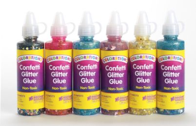 Το πλήρες Σετ 6 Glitter Κόλλες με Σχέδια 118ml (Αστέρια, Καρδιές, Πεταλούδες) – Childhood Supply CHCONFET για λαμπερές δημιουργίες, σε λευκό φοντο.
