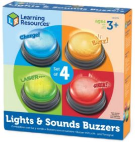 Η συσκευασία των 4 Learning Resources LER3776 Lights & Sounds Buzzers , διαφορετικού ήχου το καθένα, για παιδιά από 3 ετών, σε λευκό φόντο.