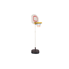 Παιδική μπασκέτα King Kids KB3010 με ρυθμιζόμενο ύψος 117-220 cm, λευκό ταμπλό, κίτρινο στεφάνι και μαύρη βάση σταθερότητας.